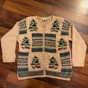 Maggie Lawrence Womens 18 20W Beige Zip Up Christmas Tree Sweater Cardigan